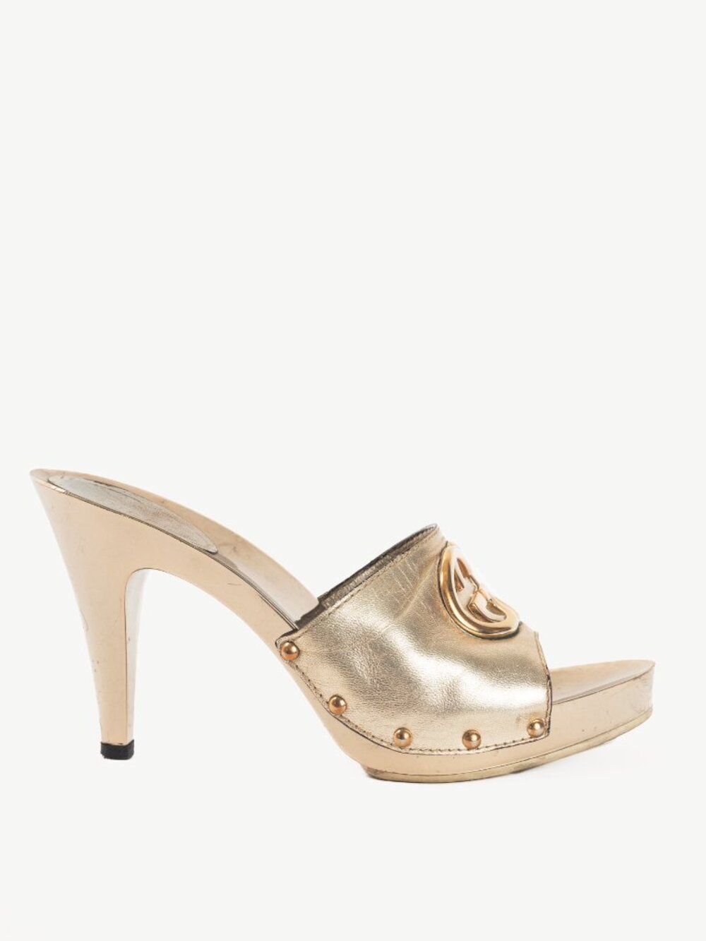 Gucci Metallic Gold Leather GG Mule Sandals